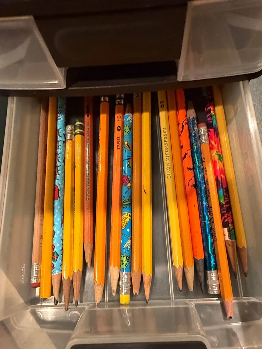 Clear Plastic 3-Drawer Organizer with Poss its, pencils, and pens included